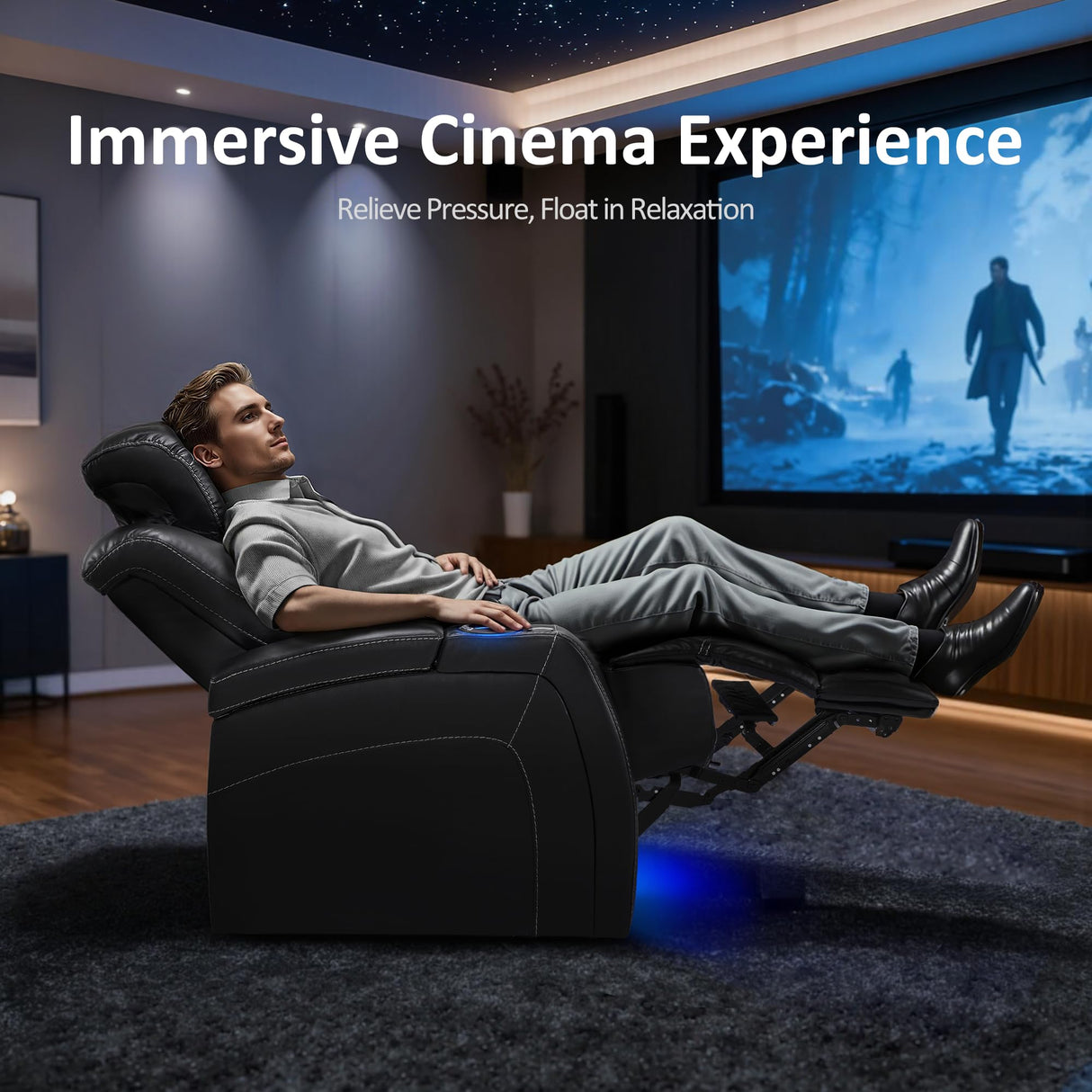 MCombo Dual Motors Leather Recliner with Power Headrest, Home Theater Seating with Armrest Storage HTS422 (Black) MCombo