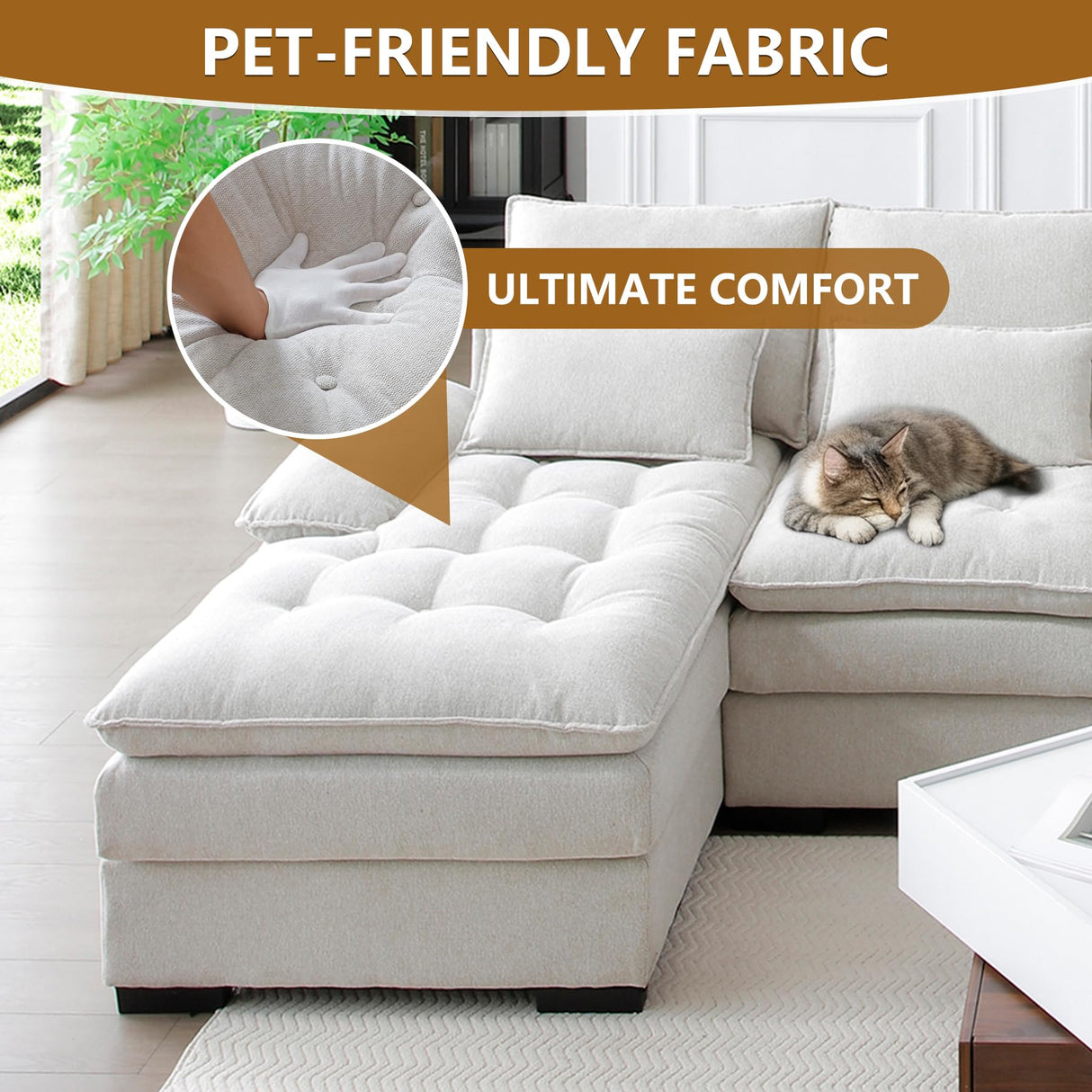 HYJT-H&K 130" U Shaped Comfy Fluffy Cloud Sectional Couches for Living Room, Oversized Modular Sectional Sofa with Chaise Lounge & Tufted Buttons, Modern Linen 6 Seater Sofa Set with Console Beige HYJT-H&K