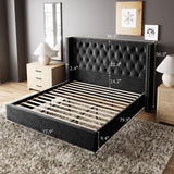 Jocisland King Bed Frame Upholstered Bed Wingback Headboard Velvet Tufted Diamond Button/No Box Spring Needed/Easy Assembly/Black Jocisland