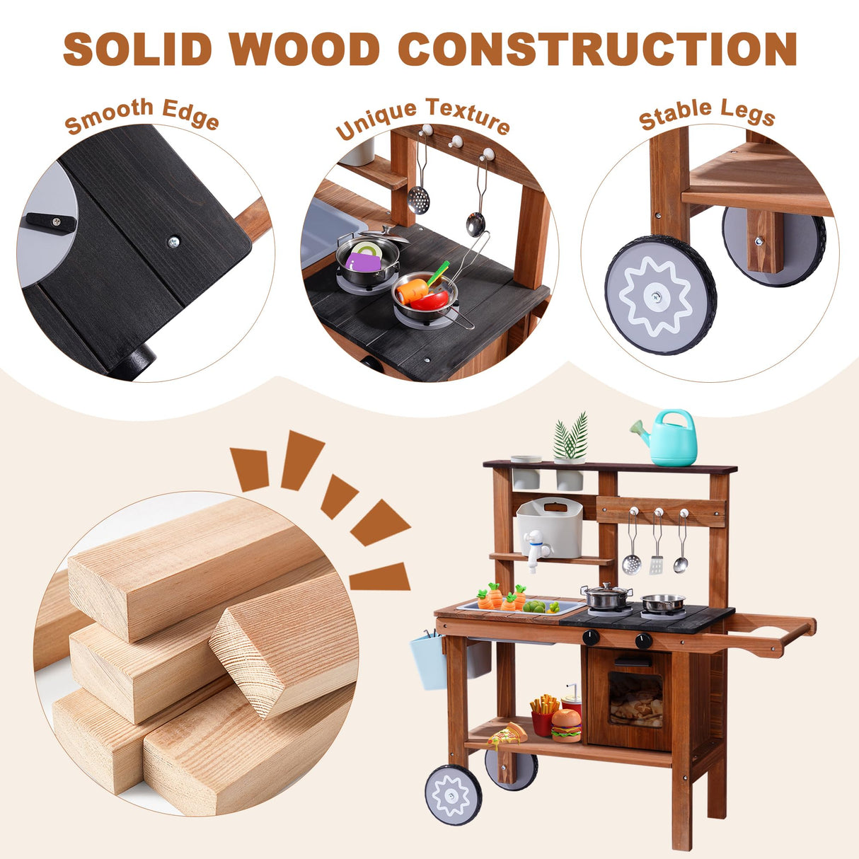 ROBUD Mud Kitchen for Kids Outdoor with Wheels, Wooden Outdoor Play Kitchen, Kids Mud Kitchen with Removable Sink & Faucet, Monteeori Toys for Children Ages 3+ Years, WG403 ROBUD