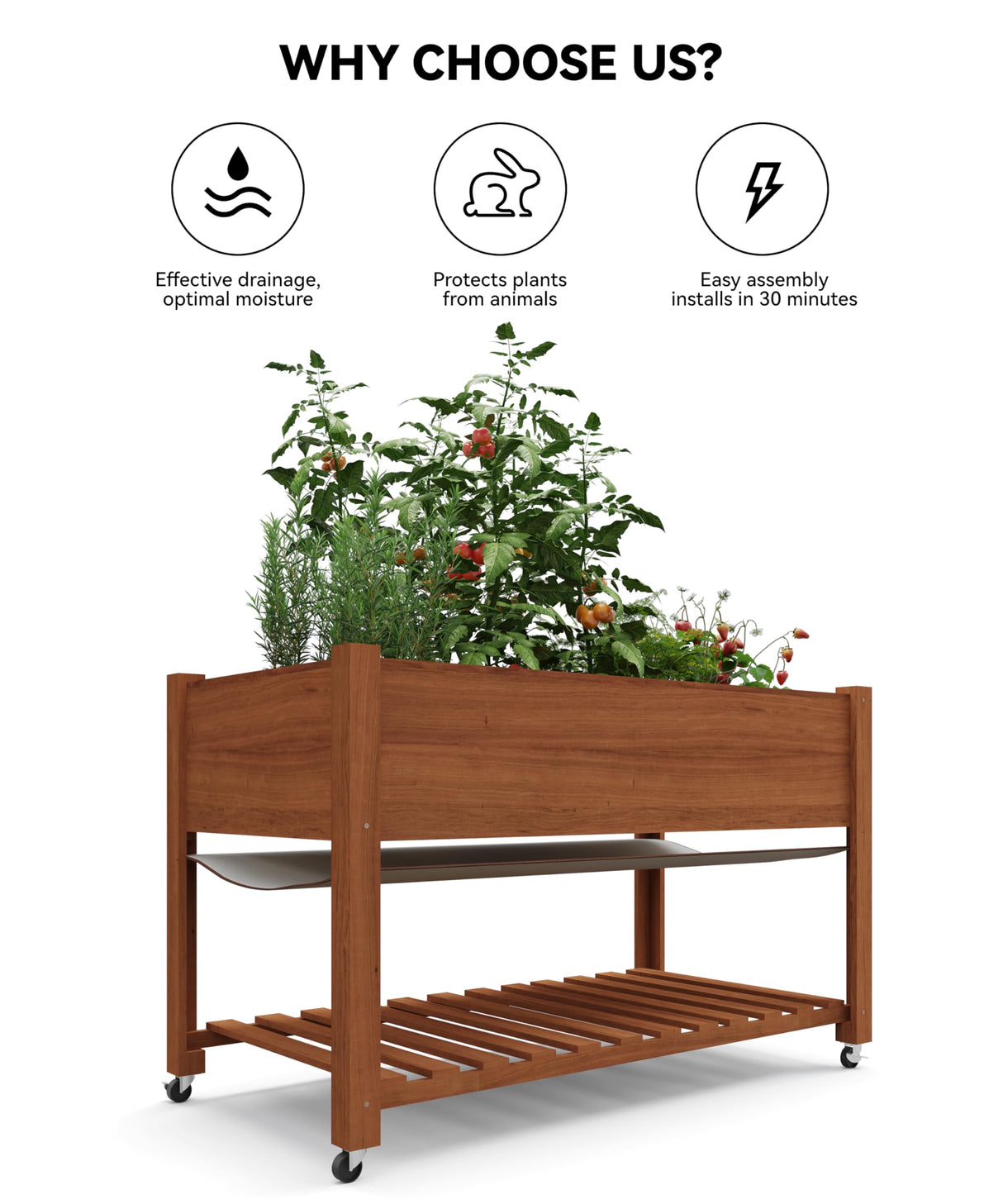 GarveeHome Raised Garden Bed 48x24x32-Inch Mobile Elevated Wood Planter Raised Beds w/Lockable Wheels, Storage Shelf, and Protective Liner for Indoor/Outdoor Gardening,Acorn Brown GarveeHome