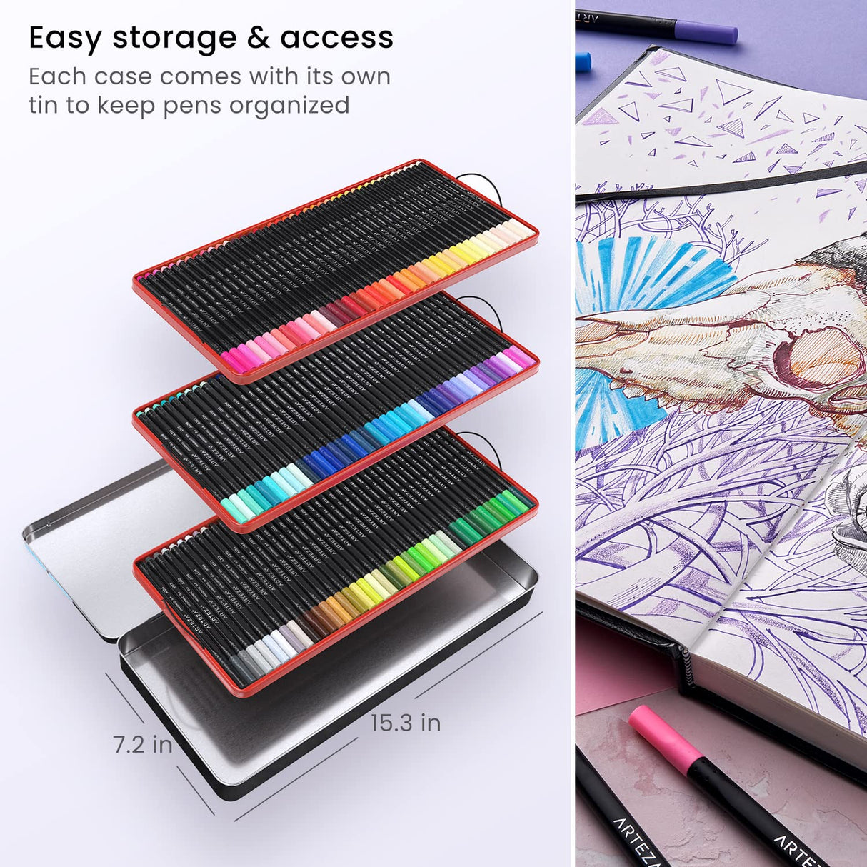 ARTEZA Inkonic Fineliners Pens, Set of 120, 0.4 mm Fine Tip Markers, Water-Based Art Pens for Drawing, Sketching, Journaling, Calligraphy ARTEZA