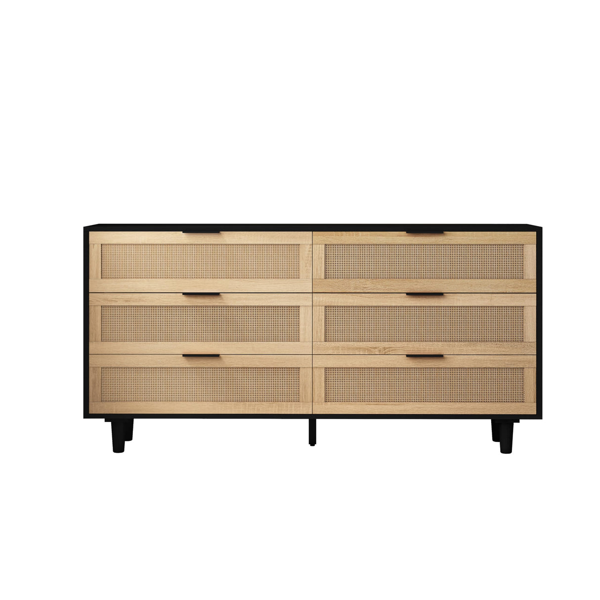Henf Rattan 6 Drawer Dresser, Wood Dresser Chest with Wide Rattan Drawers, Modern Storage Chest of Drawers for Bedroom Living Room Hallway Entryway, 59 inches Wide (Black & Natural) Henf