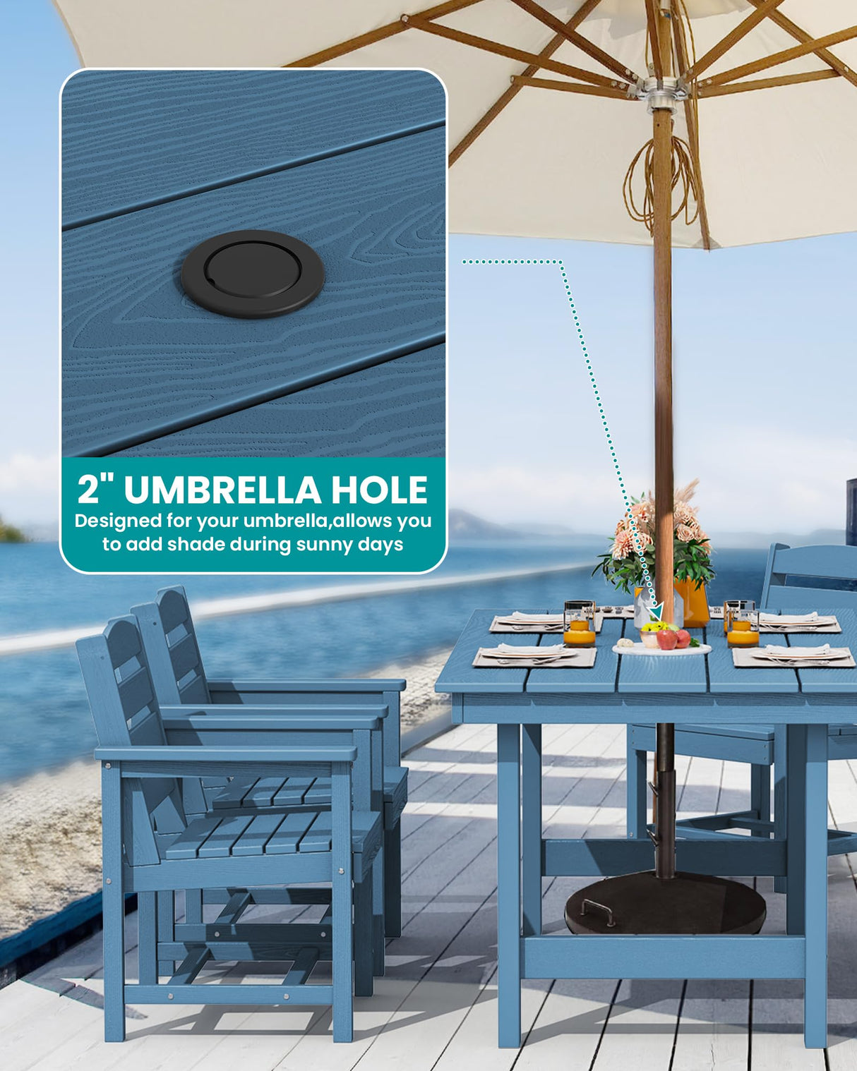 SERWALL 7-Piece Patio Dining Table Sets, Outdoor HDPE Dining Furniture Set with Umbrella Hole Cut-Out Table and 6 Chairs, Blue SERWALL
