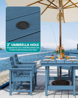 SERWALL 7-Piece Patio Dining Table Sets, Outdoor HDPE Dining Furniture Set with Umbrella Hole Cut-Out Table and 6 Chairs, Blue SERWALL