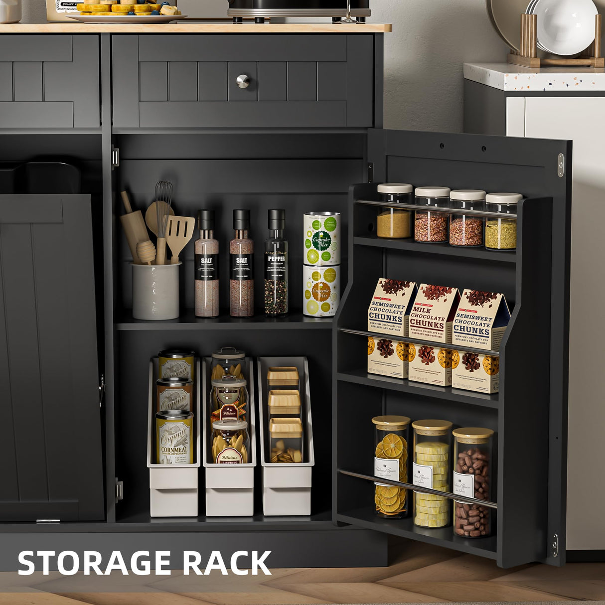 Spurgehom 13 Gallons Tilt Out Trash Cabinet Kitchen Storage Cabinet Free Standing Recycling Cabinet Trash Can Holder with Hideaway Drawers Pet Proof Trash Can for Kitchen Living Room, Black Spurgehom