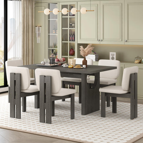Merax Wood Dining Table Set for 6, Rectangular Tabletop/Upholstered Chairs/Retro Geometric Design, Ideal for Dining-Room and Kitchen, Grey Merax