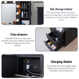 ACCOHOHO Farmhouse Vanity Desk with Mirror and Lights, 43" Wide Makeup Vanity with Glass Tabletop and Charging Station, Modern Vanity Table Set with Storage and Stool for Bedroom, Black ACCOHOHO