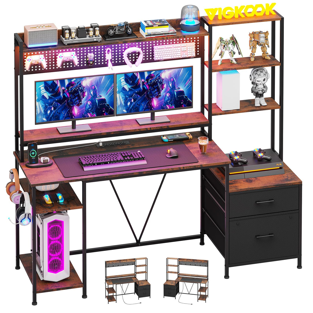 VIGKOOK 65in Gaming Desk with Hutch and Power Outlets, LED Lights, 2 Drawers, and Ample Storage in Rustic Brown VIGKOOK