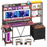 VIGKOOK 65in Gaming Desk with Hutch and Power Outlets, LED Lights, 2 Drawers, and Ample Storage in Rustic Brown VIGKOOK