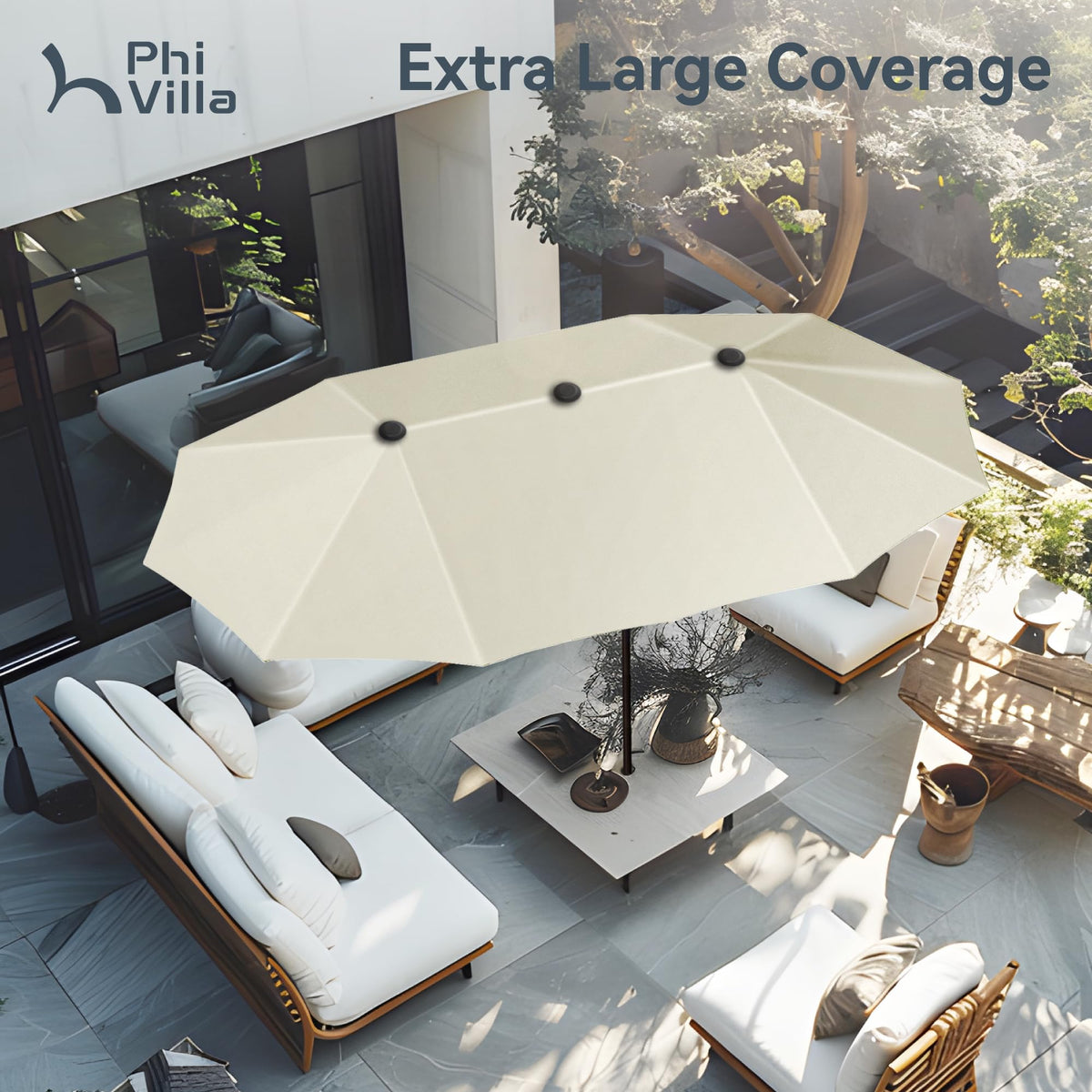 PHI VILLA 13ft Large Patio Umbrellas, Double-Sided Outdoor Market Rectangle Umbrella for Outside, Ivory PHI VILLA