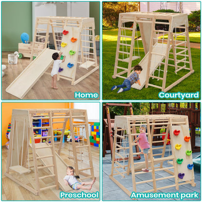 EDOSTORY 7 in 1 Pikler Indoor Playground Jungle Gym Playset, Wooden Montessori Climber with Slide, Rock Climb Wall, Monkey Bars, Rope Ladder, Climbing Rope and Swing for Kids（Natural）