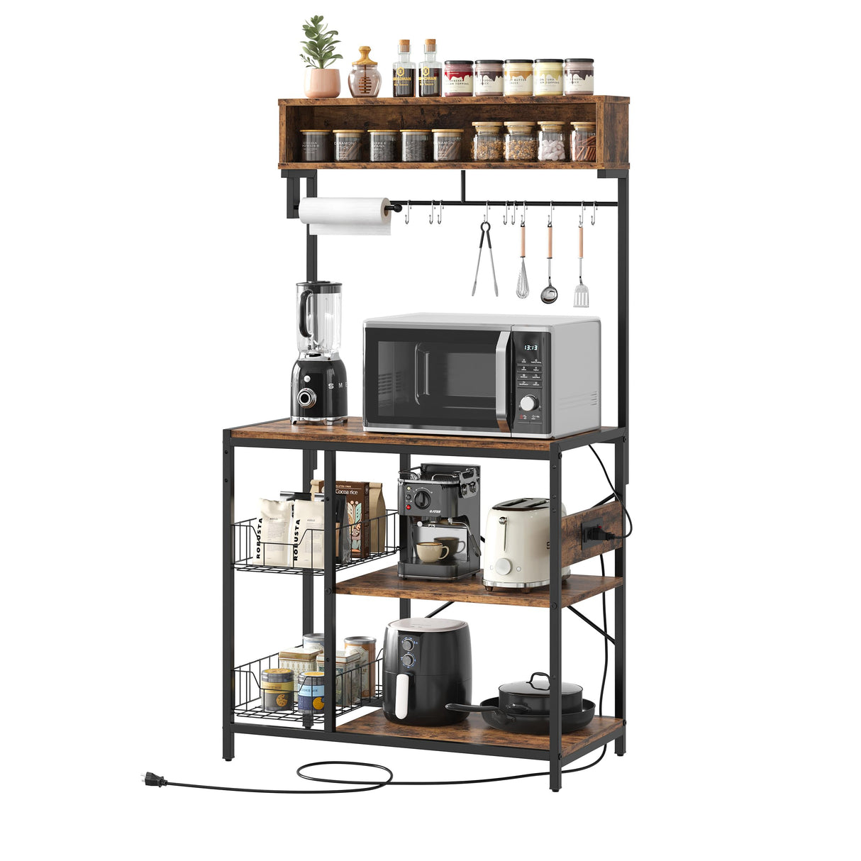 Bestier Rustic Brown 5-Tier Bakers Rack with Power Outlet and Storage Solutions Bestier