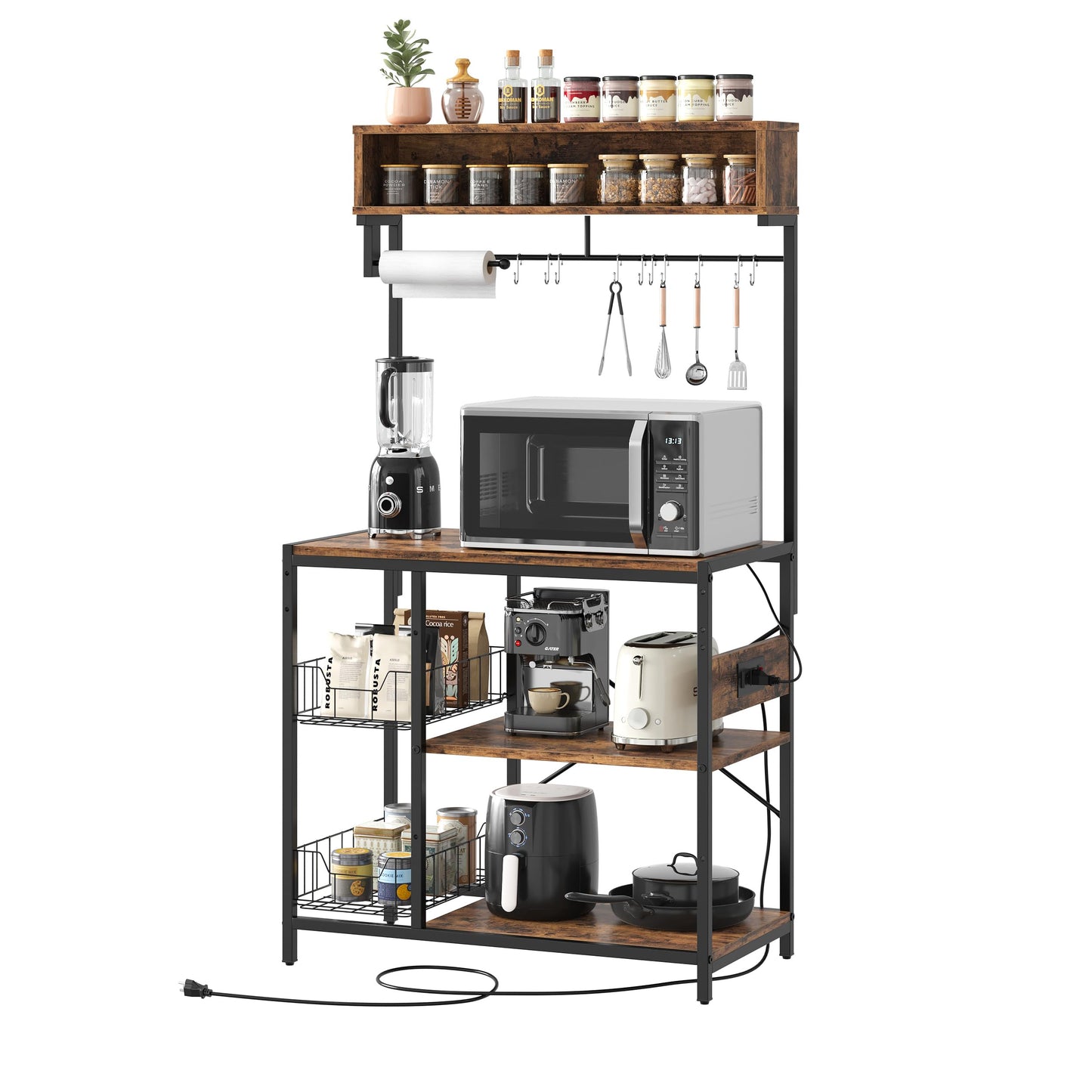 Bestier Bakers Rack with Power Outlet, 5-Tiers Microwave Stand with Storage, Coffee Bar with Paper Holder & Wire Basket, Adjustable Kitchen Storage Shelf with 10 Hooks, Rustic Brown