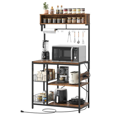 Bestier Bakers Rack with Power Outlet, 5-Tiers Microwave Stand with Storage, Coffee Bar with Paper Holder & Wire Basket, Adjustable Kitchen Storage Shelf with 10 Hooks, Rustic Brown