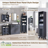 OKD 68" Tall Bathroom Storage Cabinet, Mid-Century Linen Tower with Drawer, Adjustable Shelf, Slatted Hinged Door, Curved Edges, Space-Saving Organizer for Bathroom, Kitchen, Living Room - Dark Grey OKD