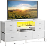 Huuger Dresser for Bedroom with Power Outlets and LED Lights, 7 Drawers TV Stand Dresser for 55 Inch TV, 47 Inches TV Console with Open Shelf, Wide White Dresser, PU Leather, for Bedroom Huuger