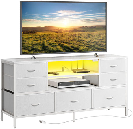 Huuger Dresser for Bedroom with Power Outlets and LED Lights, 7 Drawers TV Stand Dresser for 55 Inch TV, 47 Inches TV Console with Open Shelf, Wide White Dresser, PU Leather, for Bedroom Huuger