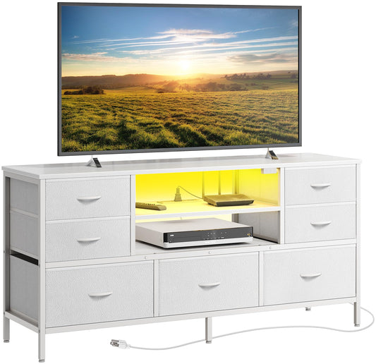 Huuger Dresser for Bedroom with Power Outlets and LED Lights, 7 Drawers TV Stand Dresser for 55 Inch TV, 47 Inches TV Console with Open Shelf, Wide White Dresser, PU Leather, for Bedroom