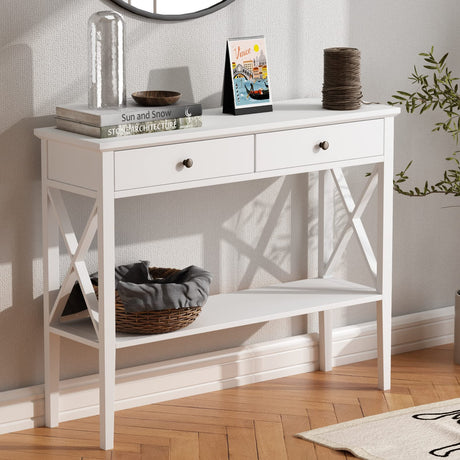 ChooChoo Console Table with Drawers, Narrow Wood Accent Sofa Table Entryway Table with Storage Shelf for Entryway, Front Hall, Hallway, Living Room, White ChooChoo