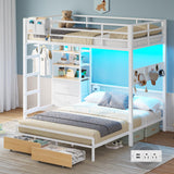 Twin Over Full Size Bunk Bed with 4 Storage Drawers and Bookshelf, Metal Bunk Beds with LED Lights, Charging Station, Loft Bunk Bed with Pegboard, Safety Guardrail and Ladders, for Kids, Teens, Adults mojiasion