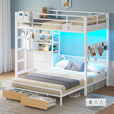 Twin Over Full Size Bunk Bed with 4 Storage Drawers and Bookshelf, Metal Bunk Beds with LED Lights, Charging Station, Loft Bunk Bed with Pegboard, Safety Guardrail and Ladders, for Kids, Teens, Adults