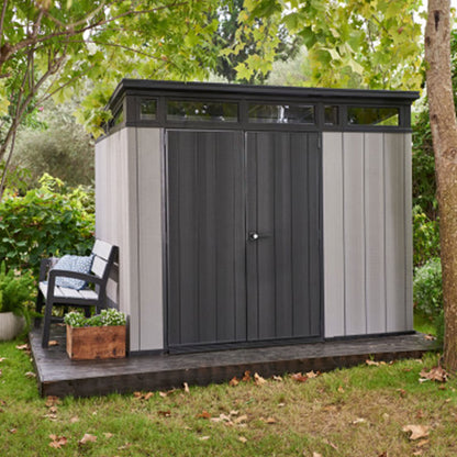 Keter Artisan 9 x 7 Foot Large Modern Design Outdoor Shed Durable Resin Backyard Furniture for Lawn Equipment, Bikes, and Gardening Tools, Gray/Black - WoodArtSupply