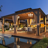 EROMMY 12'x18' Gazebo Double Hardtop Roof Galvanized Steel Canopy Outdoor Aluminum Frame Permanent Metal Pavilion with Netting and Curtains for Patio Backyard Deck and Lawns EROMMY