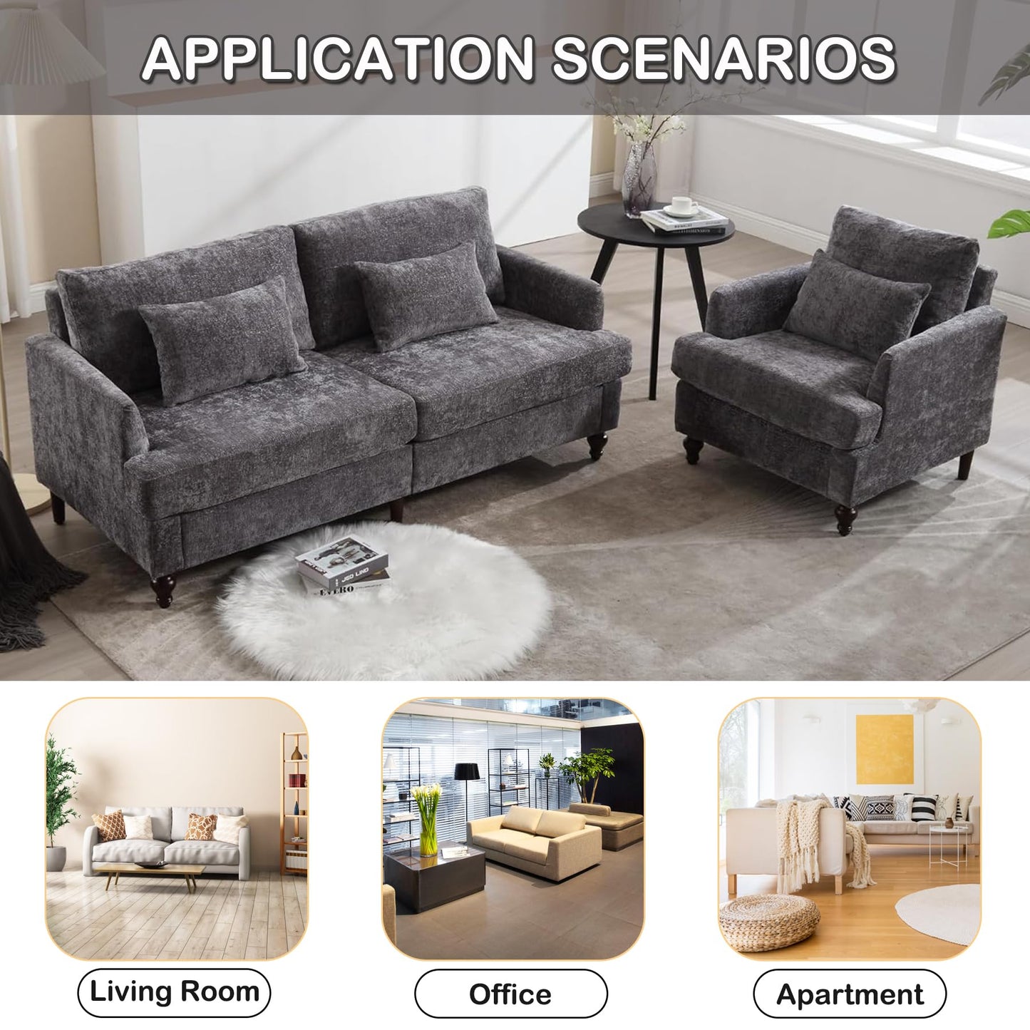 AZSJML 2 Pieces Sofa Couch Set for Living Room, 68'' Mid Century Modern Loveseat and Accent Chair Set, Chenille Sofa Comfy Cloud Couch with Deep Seats for Small Spaces Apartment Bedroom, Grey