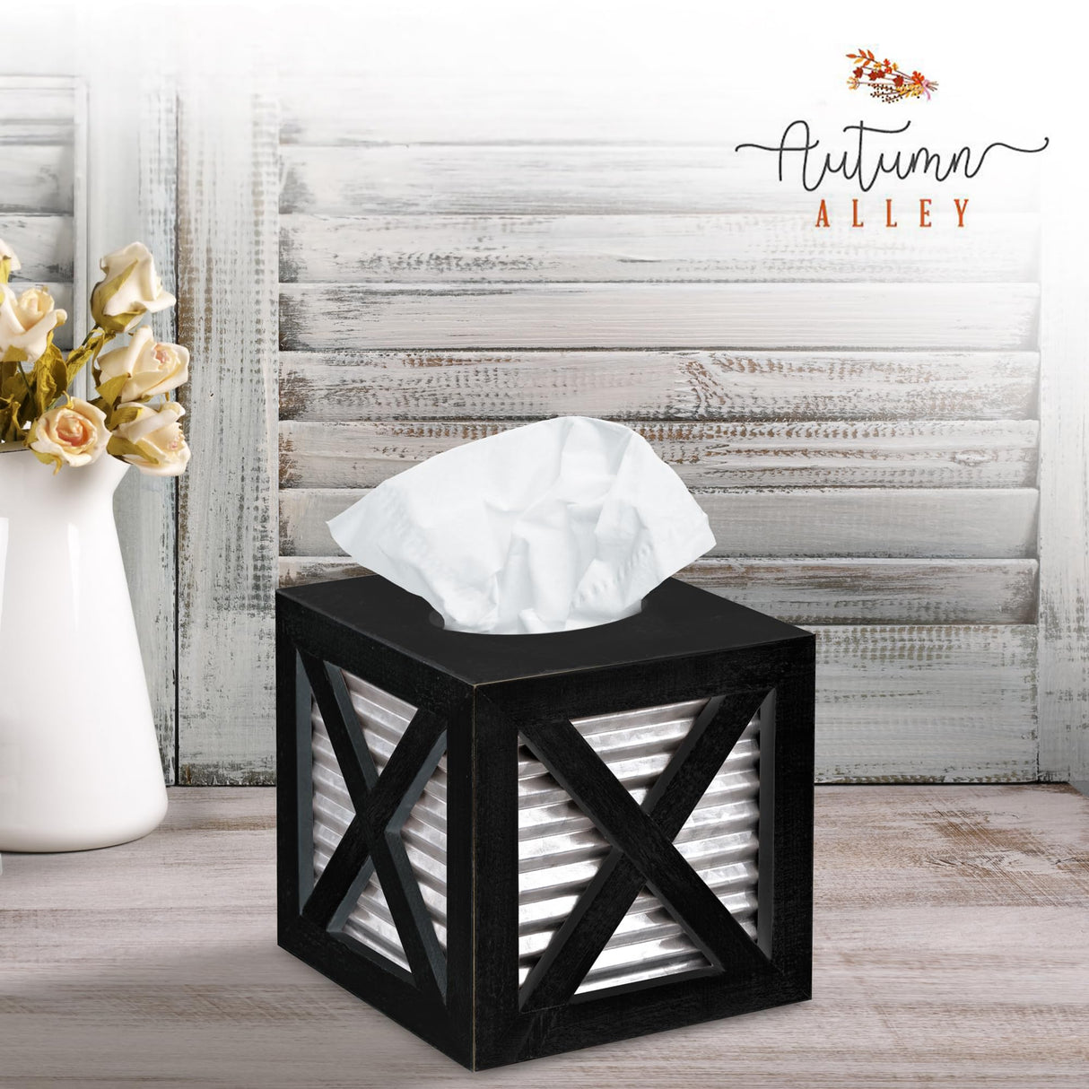 Autumn Alley Barn Door Square Farmhouse Tissue Box Cover in Black and Galvanized – Farmhouse Bathroom Accessories – Rustic Bathroom Décor Tissue Holder | Wood Galvanized Tissue Box Cover Autumn Alley