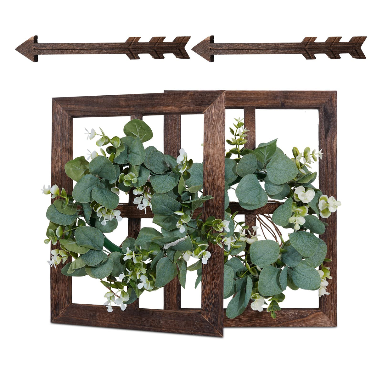 Rustic Wood Window Frame with Green Wreath and Arrows Wall Decor，Farmhouse Window Frame Hanging Decor,Wooden Fake Decoration,Window Pane Wall Decor,Set of 2 (Brown) WAKOSAN