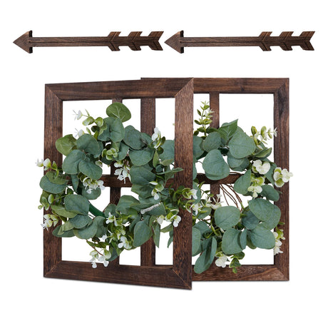 Rustic Wood Window Frame with Green Wreath and Arrows Wall Decor，Farmhouse Window Frame Hanging Decor,Wooden Fake Decoration,Window Pane Wall Decor,Set of 2 (Brown) WAKOSAN