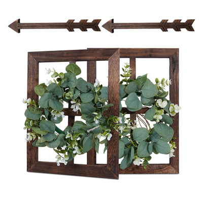 Rustic Wood Window Frame with Green Wreath and Arrows Wall Decor，Farmhouse Window Frame Hanging Decor,Wooden Fake Decoration,Window Pane Wall Decor,Set of 2 (Brown)