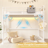 Twin Size Loft Bed with LED Lights and Charging Station, Industrial Heavy Duty Metal Loft Bed Frame with Ladder and Guardrail for Kids Adults, Small Space Saving Design for Bedroom Dorm, White Jocoevol