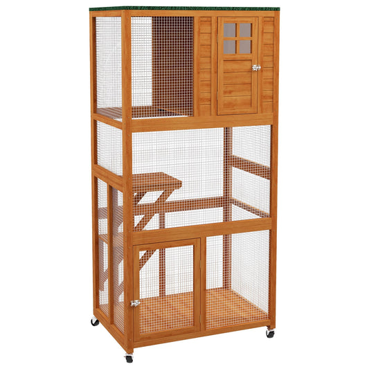 PawHut 74" Wooden Catio Outdoor Cat House Weatherproof & Wheeled, Outside Cat Enclosure with High Weight Capacity, Kitten Cage Condo, Orange - WoodArtSupply