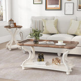 Function Home Farmhouse Coffee Table, Modern Cocktail Table with Storage Shelf, Sofa Table with Natural Tray Top and Carved Legs for Living Room, Bedroom, Dining Room in Vintage White Function Home