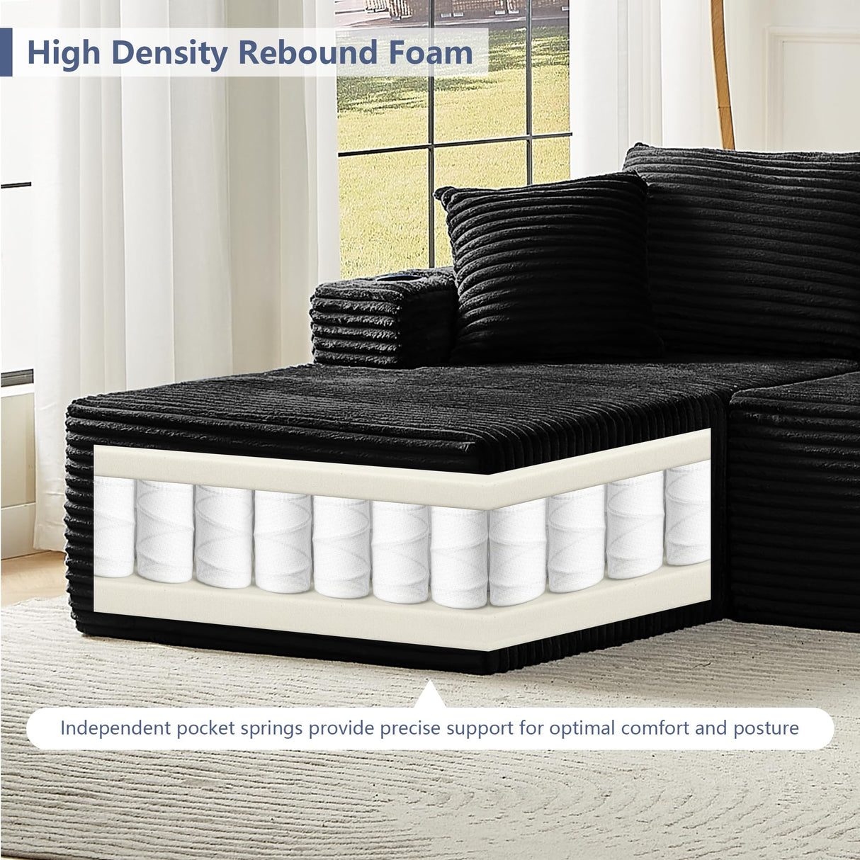 GNIXUU 133.5" Black Corduroy Boneless Sectional Couches for Living Room, Oversized Memory Foam U Shaped Cloud Modular Sectional Sofa with Deep Seat, Cup Holders & Storage Pocket, No Assembly Required GNIXUU