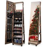 CHARMAID Jewelry Cabinet Armoire with Wheels, 64" H Full Length Mirror, 3-Color LED Lights, Height Adjustable Shelves, Lockable Standing Jewelry Organizer with Back Storage Shelves (Rustic Brown) CHARMAID