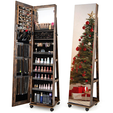 CHARMAID Jewelry Cabinet Armoire with Wheels, 64" H Full Length Mirror, 3-Color LED Lights, Height Adjustable Shelves, Lockable Standing Jewelry Organizer with Back Storage Shelves (Rustic Brown) CHARMAID