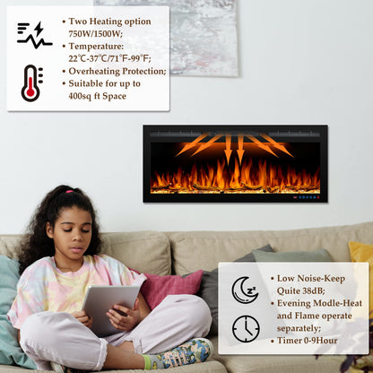 Dreamflame 72 Electric Fireplace Inserts, Recessed & Wall Mounted Fireplace Electric with Ultra-Narrow Frame, Colorful Flame Effect Display on Widescreen, Heat Up Fast, Thermostat, 750W/1500W, Black