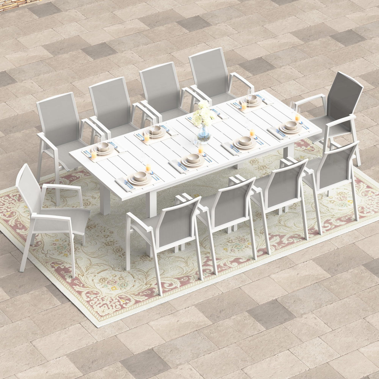11-Piece Aluminum Outdoor Patio Dining Sets with Fully Assembled Dining Chair，91.3"L×39.4"W Expandable Patio Table and Chairs Set for 10, Stackable Chairs with Quick-Drying Fabric for Outdoor, White Wisteria Lane