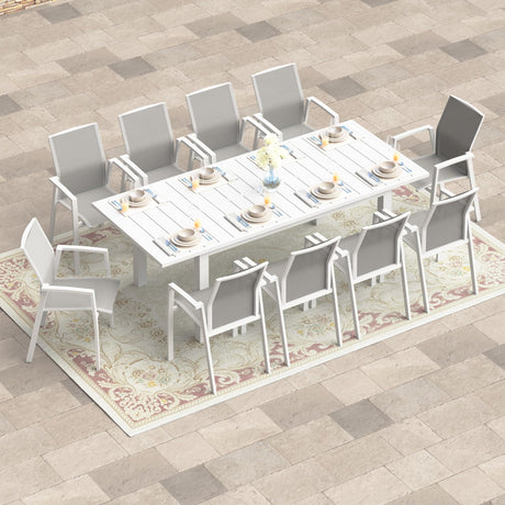 11-Piece Aluminum Outdoor Patio Dining Sets with Fully Assembled Dining Chair，91.3"L×39.4"W Expandable Patio Table and Chairs Set for 10, Stackable Chairs with Quick-Drying Fabric for Outdoor, White Wisteria Lane