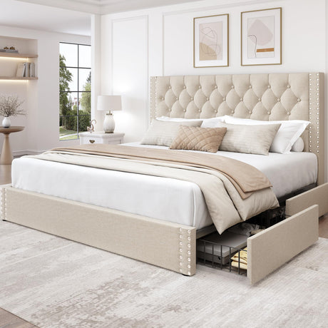 LARMACE King Size Bed Frame with 4 Storage Drawers and Tufted Headboard Linen Upholstered Platform Bed Frame with Heavy Duty Wood Slats, No Box Spring Needed, Easy Assembly, Beige LARMACE