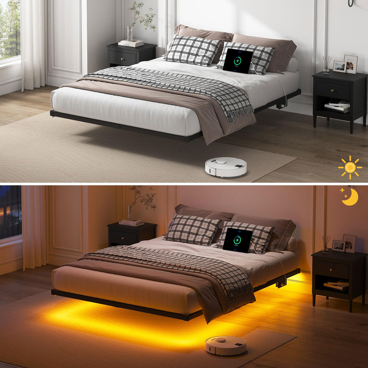 YORMDMO Floating Bed Frame Queen Size, Heavy Duty Bedframe with Smart LED Lights & Charging Station, Modern Metal Platform Bed, Easy Assembly No Box Spring Needed, 10 Inch YORMDMO