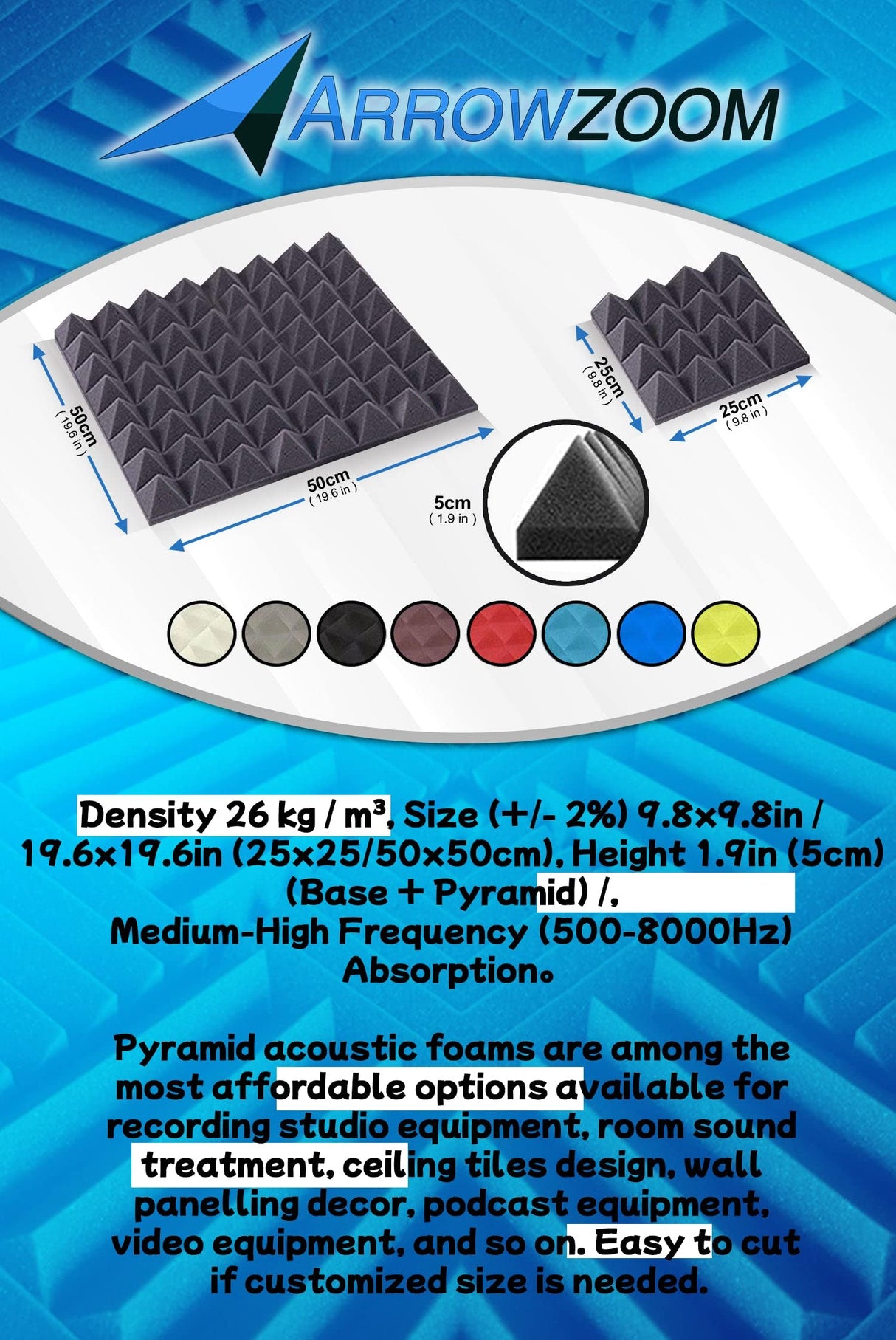 Arrowzoom New 12 Pieces 10x10x2inch Soundproofing Insulation Pyramid Acoustic Wall Foam Padding Studio Foam Tiles AZ1034 Pearl White Arrowzoom