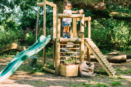 Plum Discovery Wooden Outdoor Playset, Toddler Slide, Playground Sets For Backyards, Kids Yard Play Equipment with Painting Easel, Bucket, Built-In Planter Box, Climbing Wall, Weatherproof, Age 3+ Yrs Plum