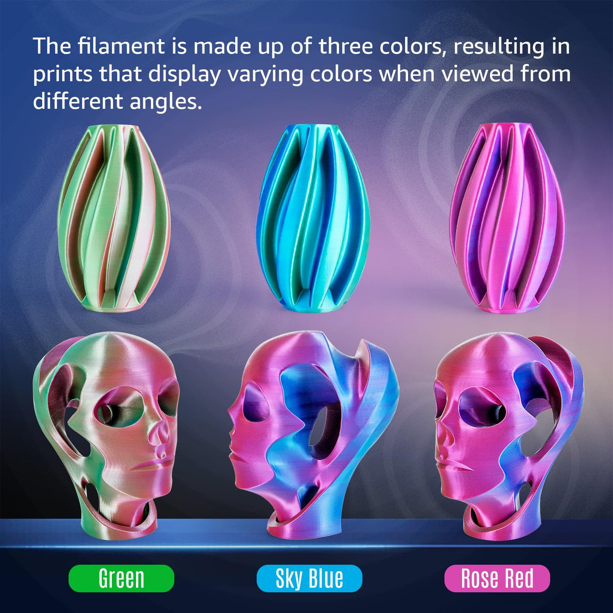 dikale Silk Triple Color PLA+ 3D Printer Filament 1.75mm, No Tangle Shiny Filament Net Weight 250g Spool (0.55lbs), 3-in-1 Silk PLA Pro Plus, Rose Red+Sky Blue+Green dikale