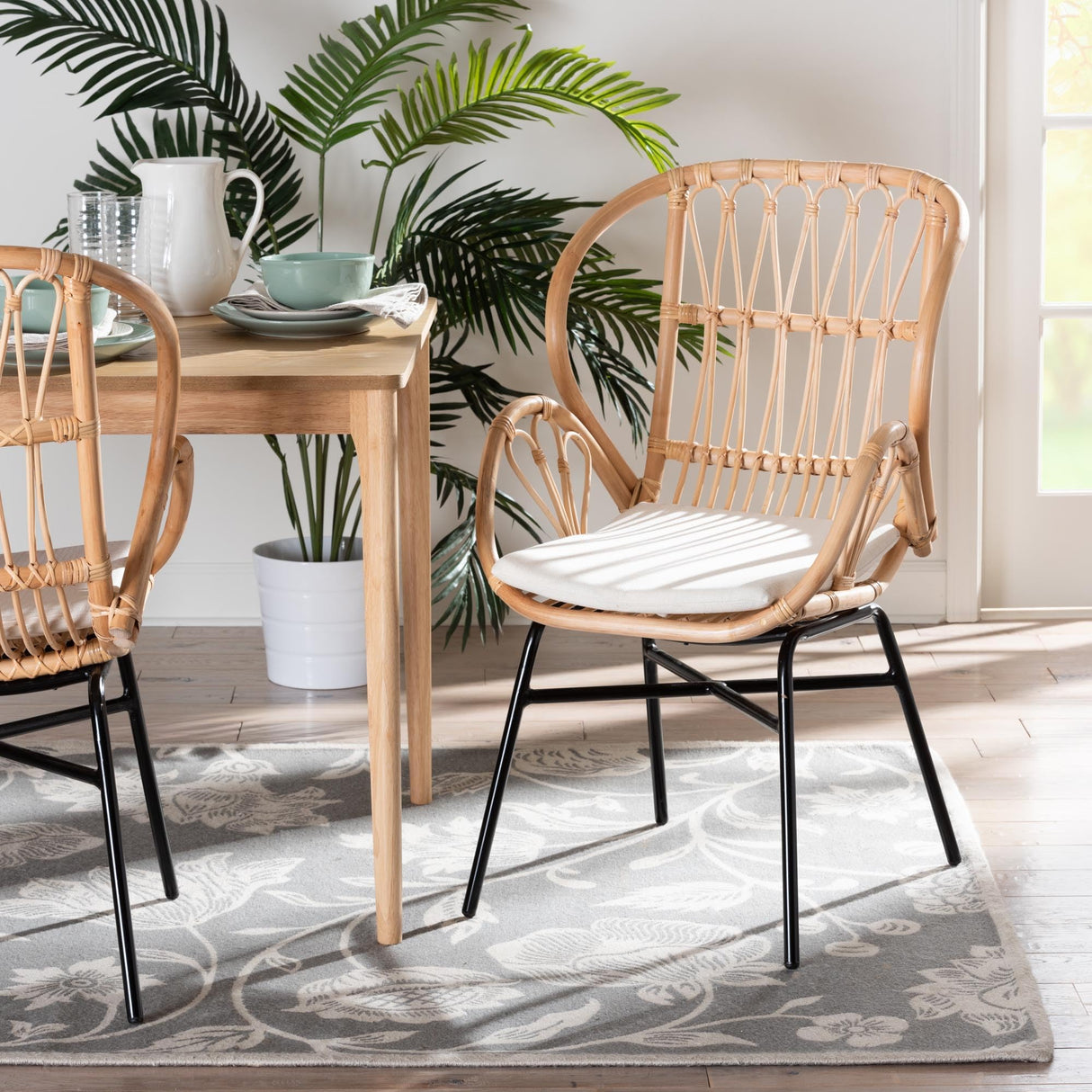 bali & pari Caelia Modern Bohemian Natural Rattan and Black Metal Dining Chair bali & pari