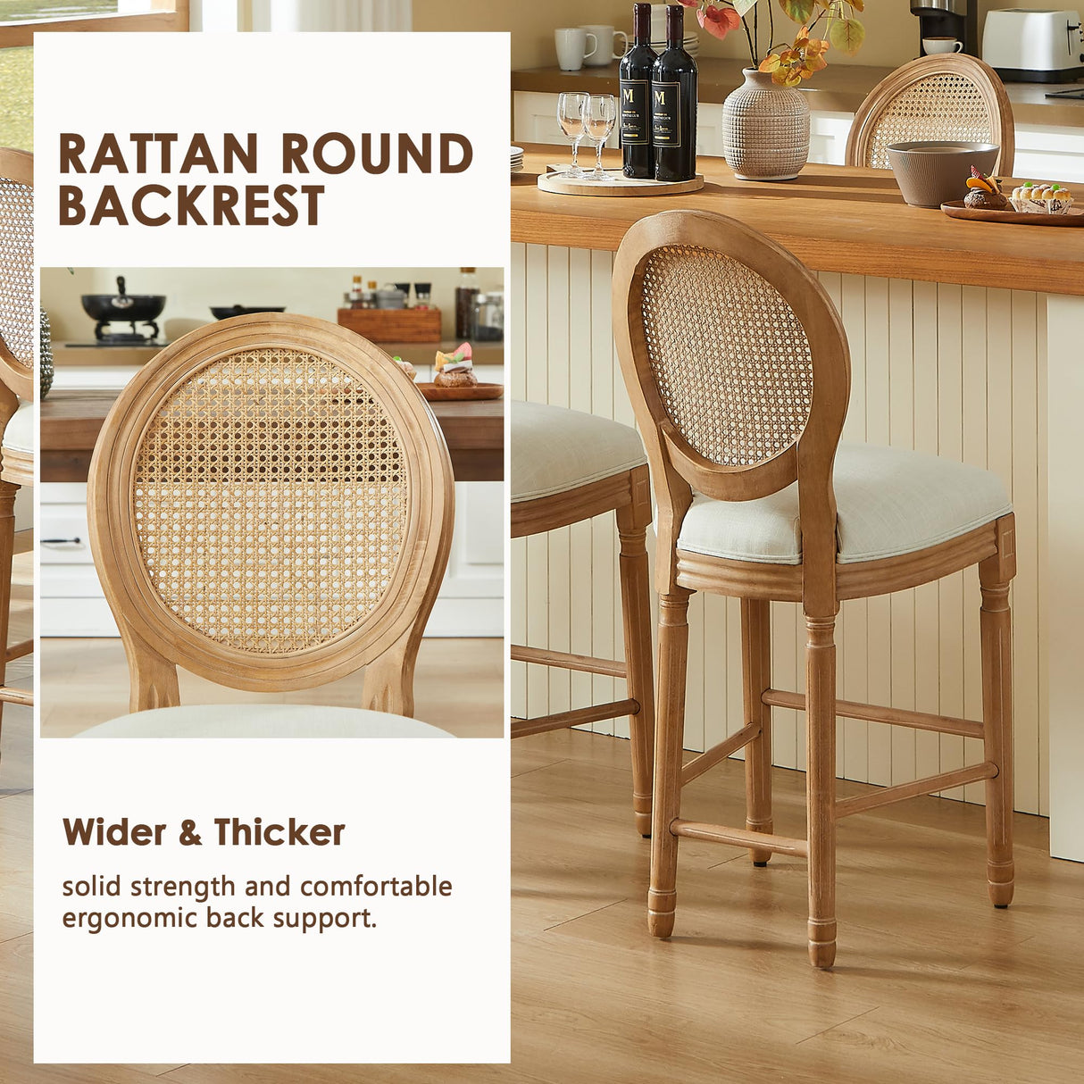 Kiztir French Country Bar Stools Set of 2 Farmhouse Rattan Counter Height Bar Stools with Round Back Upholstered Mid Century Barstools for Kitchen Island, Bar Kiztir