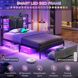 VIAGDO Twin Bed Frame with LED Lights, Upholstered Storage Headboard, Charging Station, and Drawers VIAGDO